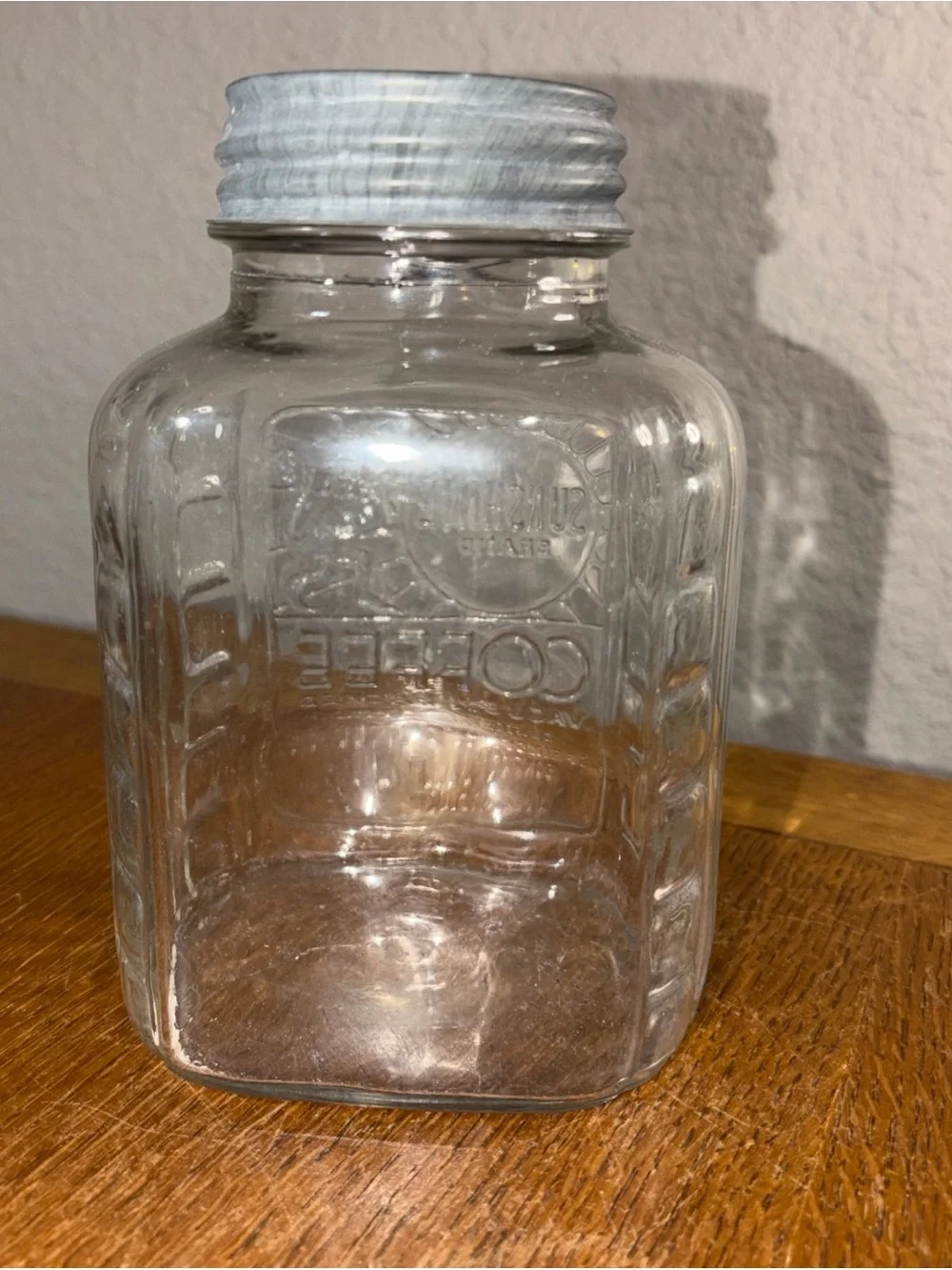 Vtg Sunshine Brand Glass Coffee Jar w/Zinc Lid Country Store Advertising
